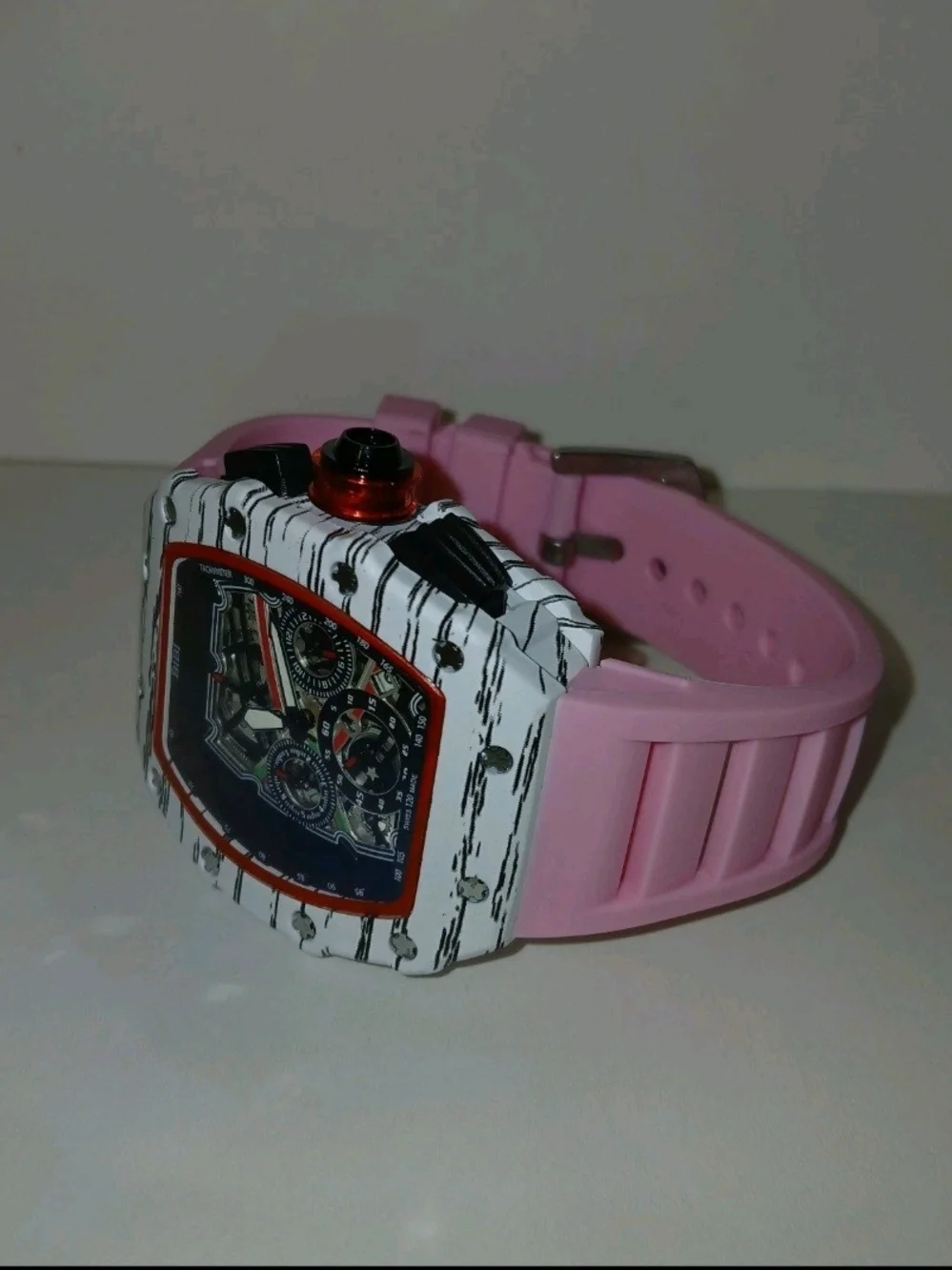 ​BiBi Sports Quartz Watch Chronograph Skeleton Face White Tonneau Pink Rubber